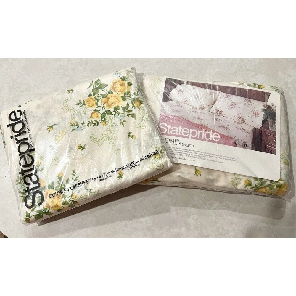 Vtg Statepride Carmen Double Flat Fitted Sheets New Old Stock Cream Yellow Roses